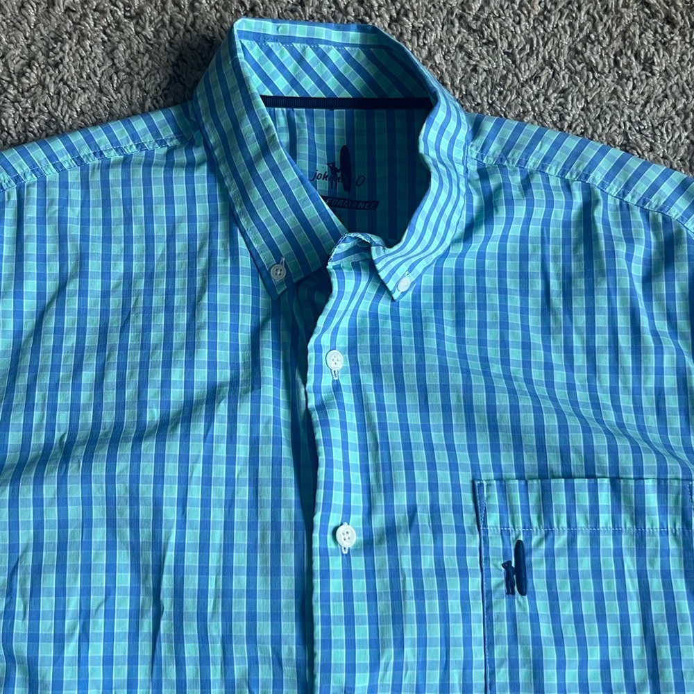 Johnnie-O Button Down Shirt XL Gingham Plaid Green Blue Prep-Formance